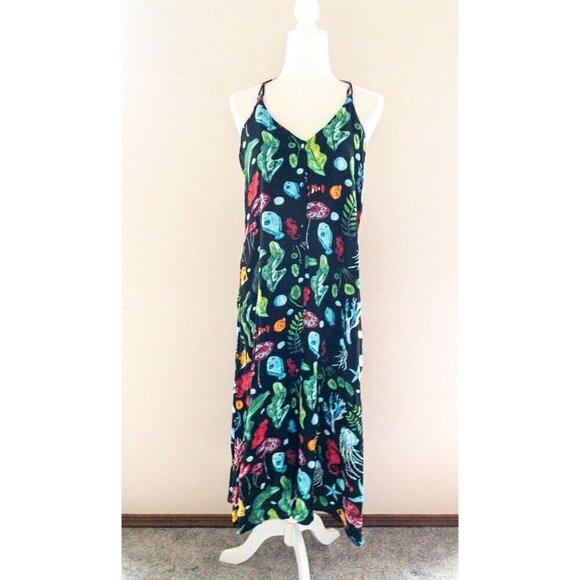 Pepaloves Black Seaside Midi Dress Halter Straps Size S Beach Theme deep sea - Picture 2 of 16